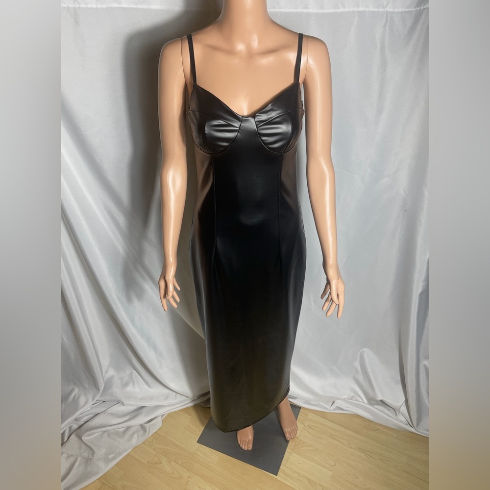 Micas Black Faux Leather Midi Dress Bodycon Strappy Bustier Sleek M